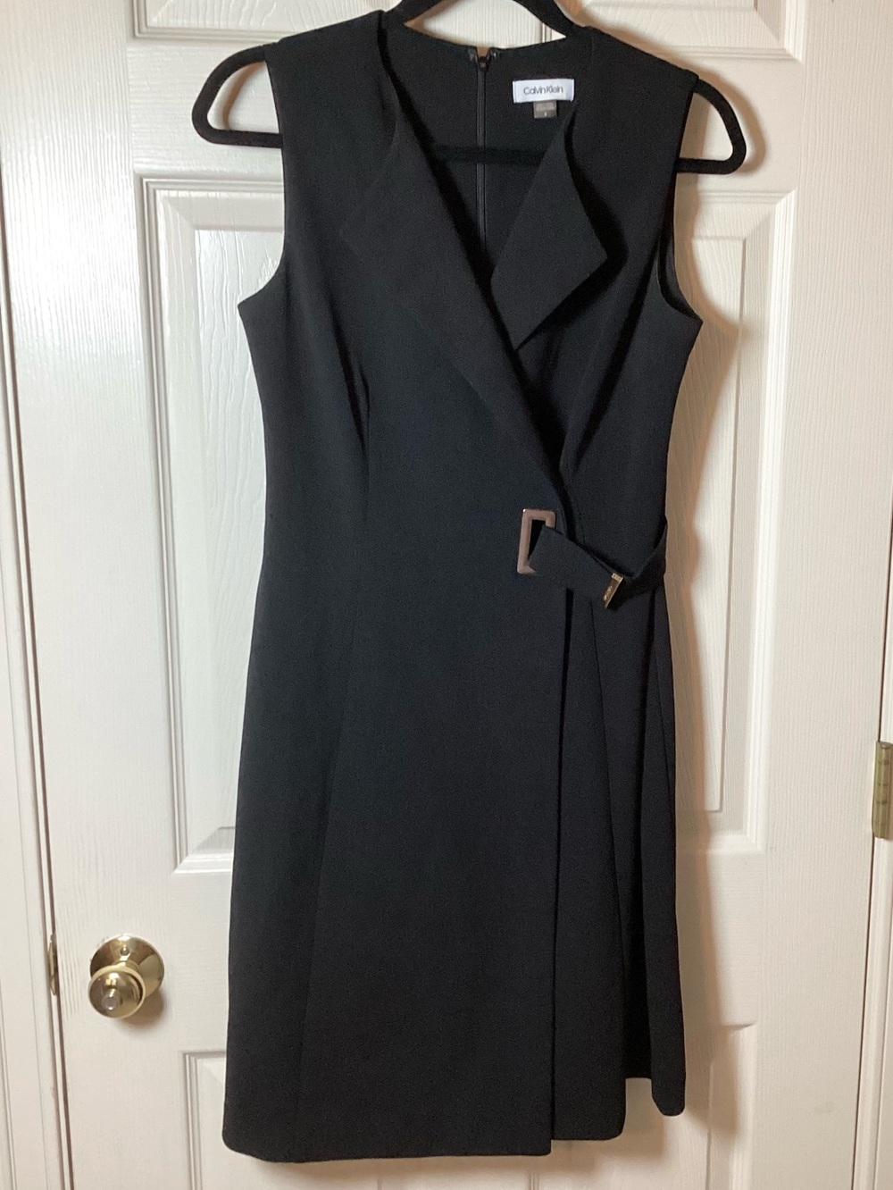 Calvin Klein Sleeveless Black Wrap-Front Midi Dress with Gold Buckle Accent - 6